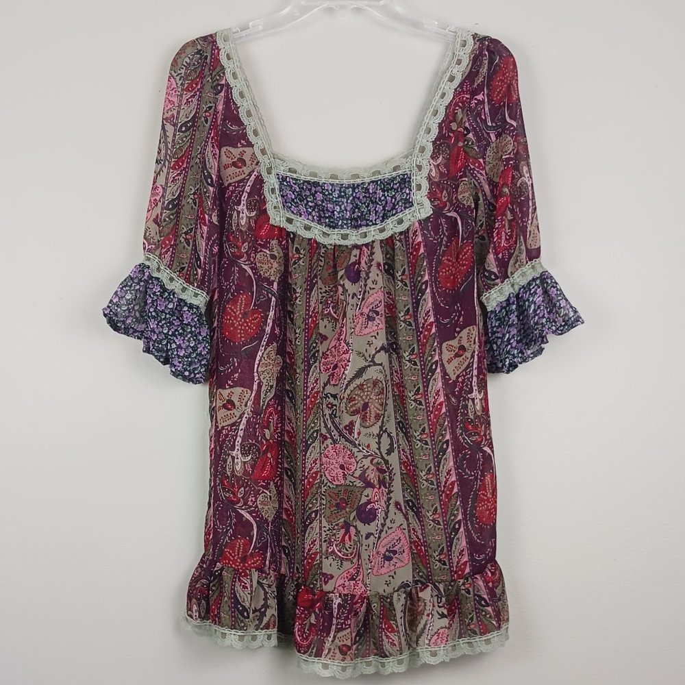 DAYTRIP| Boho Floral Paisley Print Lace Detail Sheer Peasant Blouse